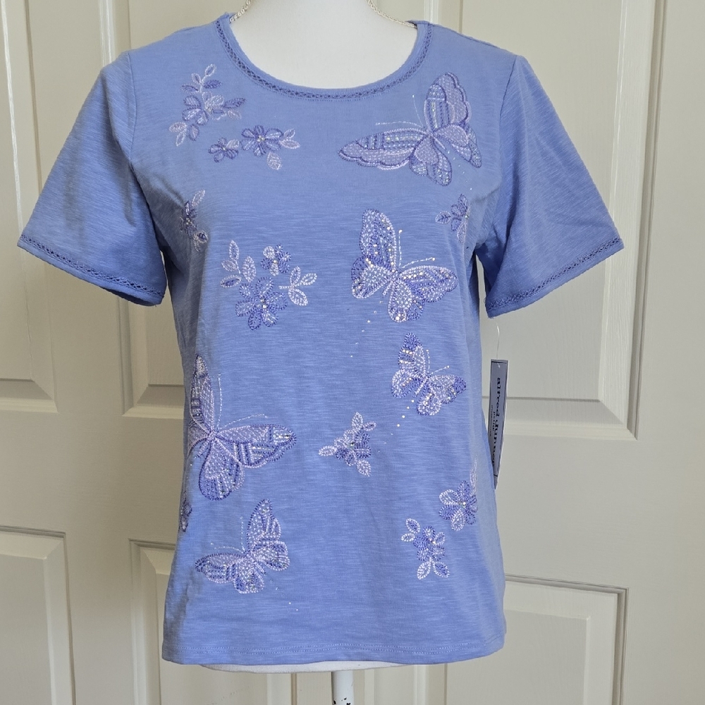 Alfred Dunner Petite Small Purple Embellished Butterfly Rhinestone Tee NWT
